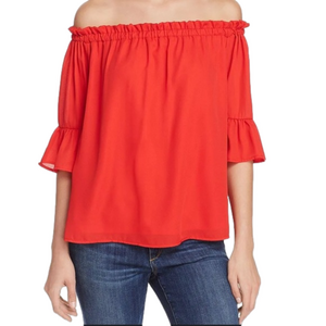 PPLA MYLA OFF SHOULDER TOP TOMATO, 3/4 Bell sleeves, elasticized neckline, lined
